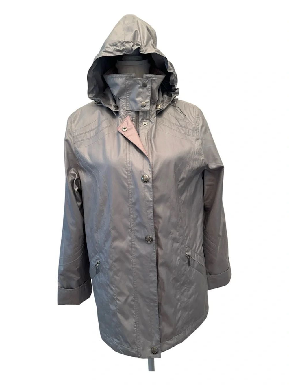 NWOT Junge Danmark Sz8 Light Silver with Pink Plaid Lining Hooded Rain Jacket